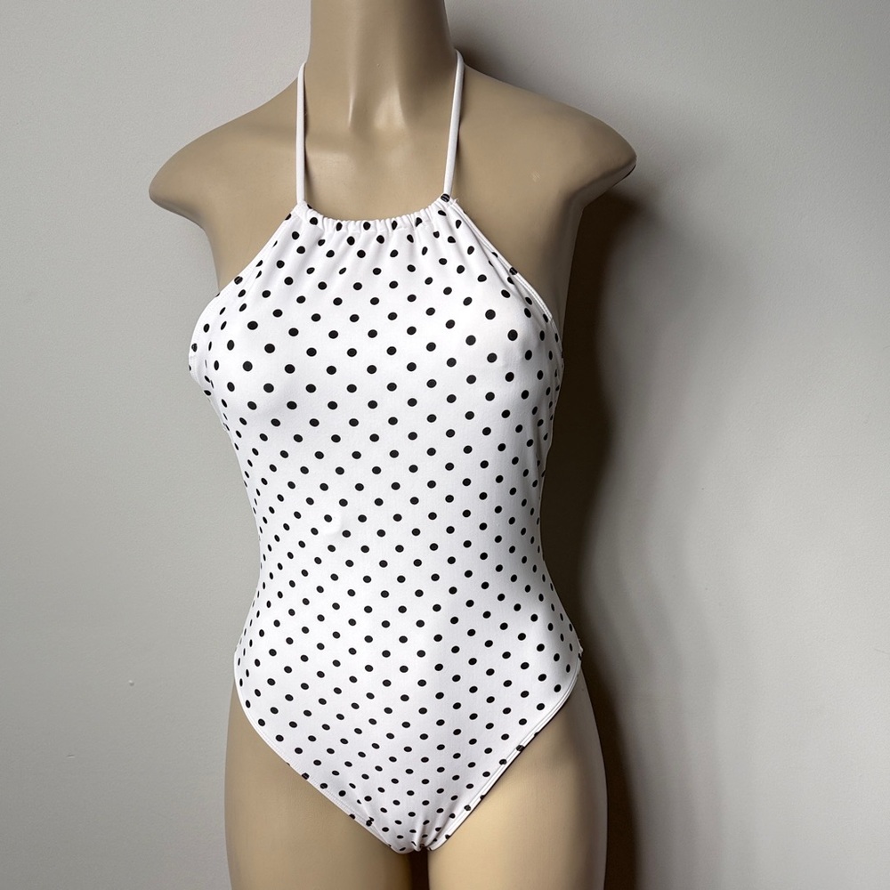 Forever 21 White and Black Polka Dot High-Neck One-Piece Swimsuit